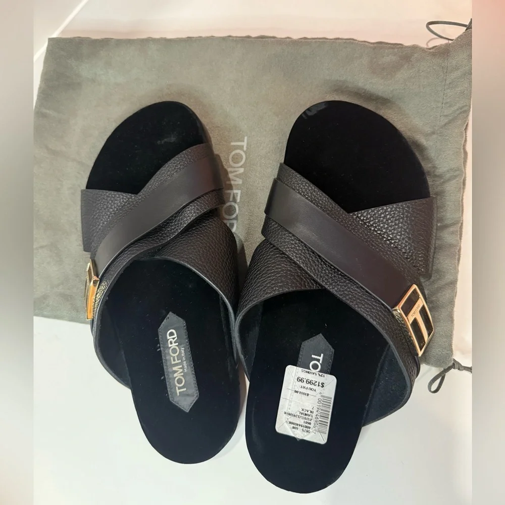 Tom Ford Black Slide Sandals with Gold Buckle